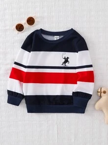 SHEIN Baby Boy Colorblock Striped Pony Logo Asymmetrical Print Crew Neck Long Sleeve Pullover Sweatshirt, Versatile Comfortable, Preppy Sporty Casual, Suitable For Spring Summer Autumn Winter - Multicolor - View 4