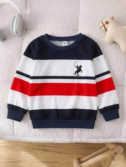 SHEIN Baby Boy Colorblock Striped Pony Logo Asymmetrical Print Crew Neck Long Sleeve Pullover Sweatshirt, Versatile Comfortable, Preppy Sporty Casual, Suitable For Spring Summer Autumn Winter