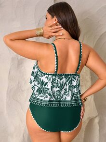 Swim Lushoire Plus Size Women 2pcs Set Kelly Green Spaghetti Strap Double Layer Ruffle Hem Top With Ruched Ruffle High Waist Pants, Summer Beach Vacation Tropical - Multicolor - View 2