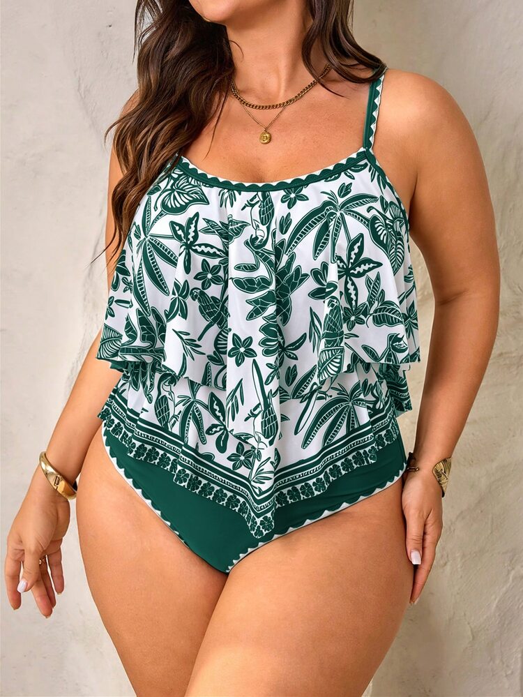 Swim Lushoire Plus Size Women 2pcs Set Kelly Green Spaghetti Strap Double Layer Ruffle Hem Top With Ruched Ruffle High Waist Pants, Summer Beach Vacation Tropical - Multicolor - View 4