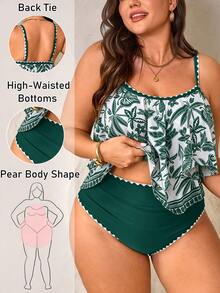 Swim Lushoire Plus Size Women 2pcs Set Kelly Green Spaghetti Strap Double Layer Ruffle Hem Top With Ruched Ruffle High Waist Pants, Summer Beach Vacation Tropical - Multicolor - View 1