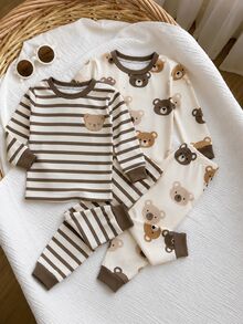 2Sets Baby Boy Baby Girl Snug Fit Pajama Cartoon Pattern Knitted Soft Round Neck Long Sleeve Pullover Top Elastic Waist Long Pants Tight Fit Loungewear Set, Suitable For All Seasons - Multicolor - View 4