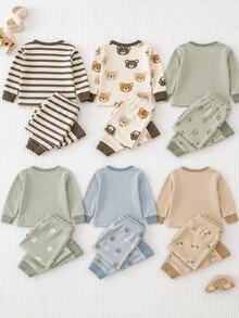 2Sets Baby Boy Baby Girl Snug Fit Pajama Cartoon Pattern Knitted Soft Round Neck Long Sleeve Pullover Top Elastic Waist Long Pants Tight Fit Loungewear Set, Suitable For All Seasons - Multicolor - View 2