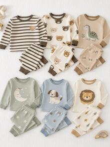 2Sets Baby Boy Baby Girl Snug Fit Pajama Cartoon Pattern Knitted Soft Round Neck Long Sleeve Pullover Top Elastic Waist Long Pants Tight Fit Loungewear Set, Suitable For All Seasons - Multicolor - View 3