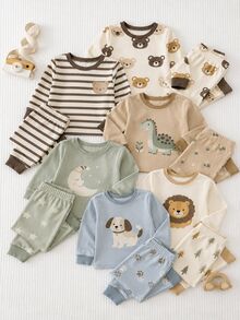 2Sets Baby Boy Baby Girl Snug Fit Pajama Cartoon Pattern Knitted Soft Round Neck Long Sleeve Pullover Top Elastic Waist Long Pants Tight Fit Loungewear Set, Suitable For All Seasons - Multicolor - View 11