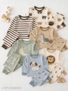 2Sets Baby Boy Baby Girl Snug Fit Pajama Cartoon Pattern Knitted Soft Round Neck Long Sleeve Pullover Top Elastic Waist Long Pants Tight Fit Loungewear Set, Suitable For All Seasons - Multicolor - View 1