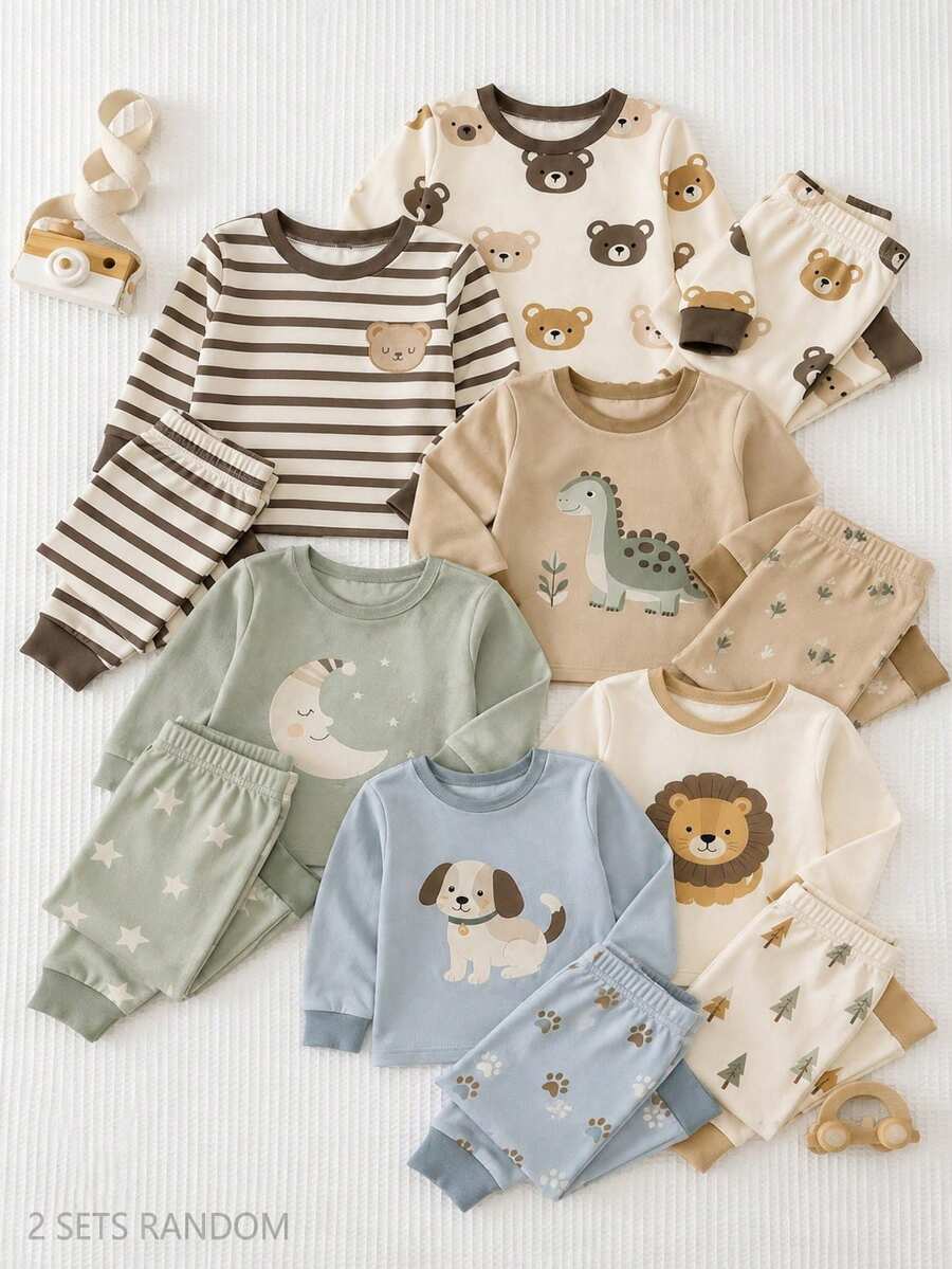 2Sets Baby Boy Baby Girl Snug Fit Pajama Cartoon Pattern Knitted Soft Round Neck Long Sleeve Pullover Top Elastic Waist Long Pants Tight Fit Loungewear Set, Suitable For All Seasons - Multicolor - View 1