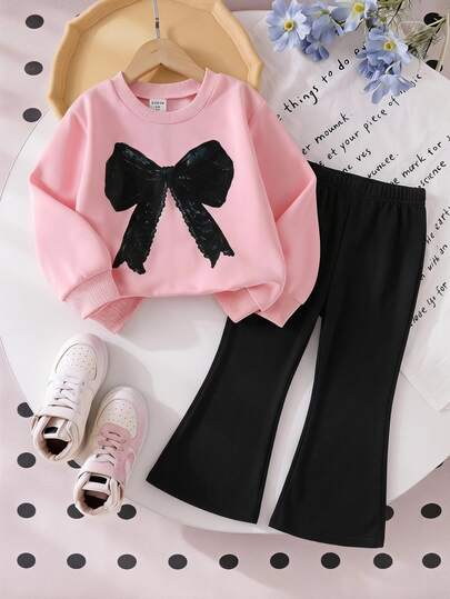SHEIN Elladie kids 2件組少女可愛淡粉色蝴蝶結印花長袖上衣與黑色喇叭褲套裝，開學季秋季校園運動衫套裝