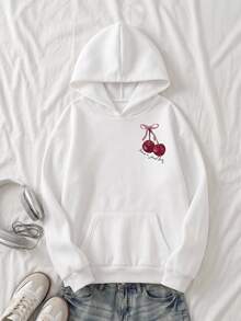 SHEIN Teen Girls' Casual Cute Solid Color Bow, Cherry, Letter Print Sweatshirt With Pocket, Suitable For Autumn/Winter Birthday Farewell White - Multicolor - View 1