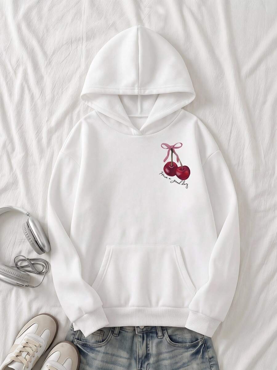 SHEIN Teen Girls' Casual Cute Solid Color Bow, Cherry, Letter Print Sweatshirt With Pocket, Suitable For Autumn/Winter Birthday Farewell White - Multicolor - View 1