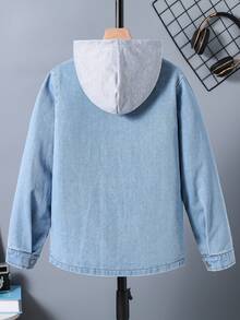 Tween Boy Casual Loose Fit Hooded Denim Patchwork Jacket, Suitable For Spring/Autumn Daily Commute, School, Outdoor Wear Chic For Autumn/Winter Fall - Blue - View 2