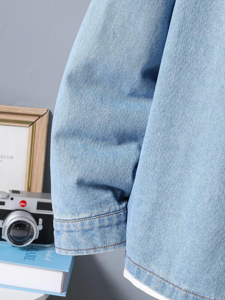 Tween Boy Casual Loose Fit Hooded Denim Patchwork Jacket, Suitable For Spring/Autumn Daily Commute, School, Outdoor Wear Chic For Autumn/Winter Fall - Blue - View 3