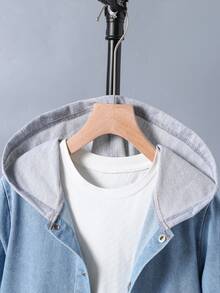Tween Boy Casual Loose Fit Hooded Denim Patchwork Jacket, Suitable For Spring/Autumn Daily Commute, School, Outdoor Wear Chic For Autumn/Winter Fall - Blue - View 4