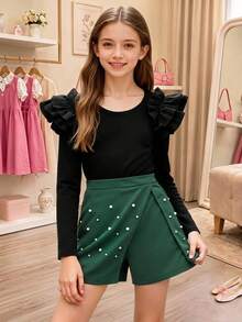 Tween Girls 2-Piece Elegant Winter Set, Ribbed Flounce Long Sleeve Tee Shirt With Dark Green Pearl Beaded Wrap Skort Shorts - Green - View 1