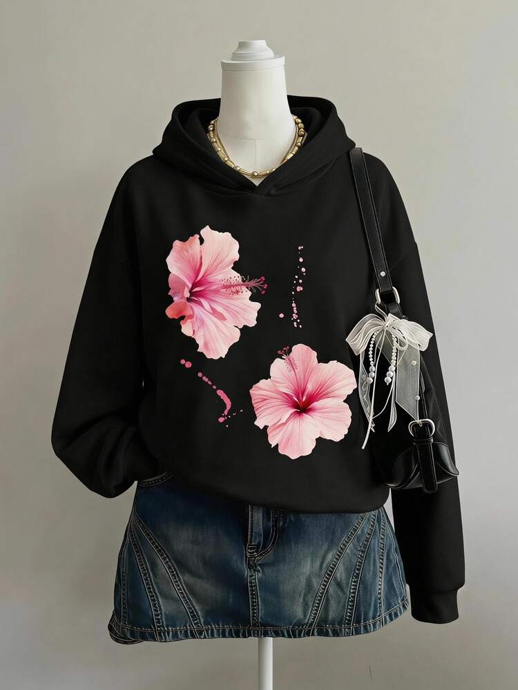Teen Girl Floral Pattern Casual Y2k Comfortable Hooded Sweatshirt Tops, Suitable For Autumn, Everyday, Outdoor, Cozy Styles, Fashionable Warm Pink - Black - View 1