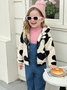 SHEIN Elladie kids 女童可爱黑色爱心时尚舒适连帽长袖外套，秋冬季爱心外套，女童爱心外套，爱心印花外套，爱心抓绒外套 - 杏色 - 查看 3