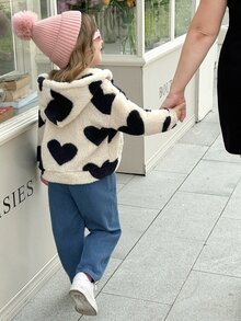 SHEIN Elladie kids 女童可爱黑色爱心时尚舒适连帽长袖外套，秋冬季爱心外套，女童爱心外套，爱心印花外套，爱心抓绒外套 - 杏色 - 查看 5