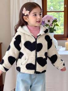 SHEIN Elladie kids 女童可爱黑色爱心时尚舒适连帽长袖外套，秋冬季爱心外套，女童爱心外套，爱心印花外套，爱心抓绒外套 - 杏色 - 查看 1