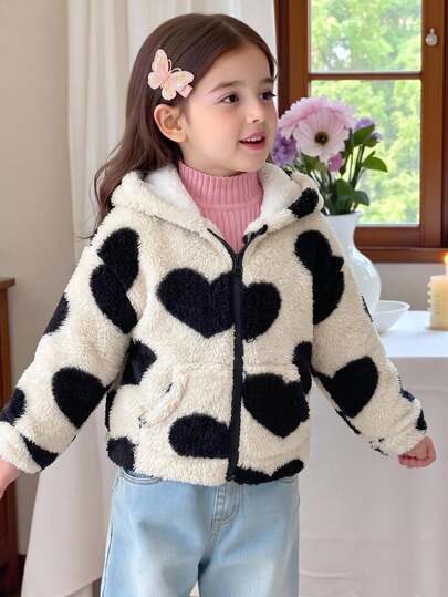 Young Girls Cute Black Heart Print Fleece Jacket,Winter Fashionable Comfortable Hooded Long Sleeve Heart Jacket For Autumn/Winter Back-To-School