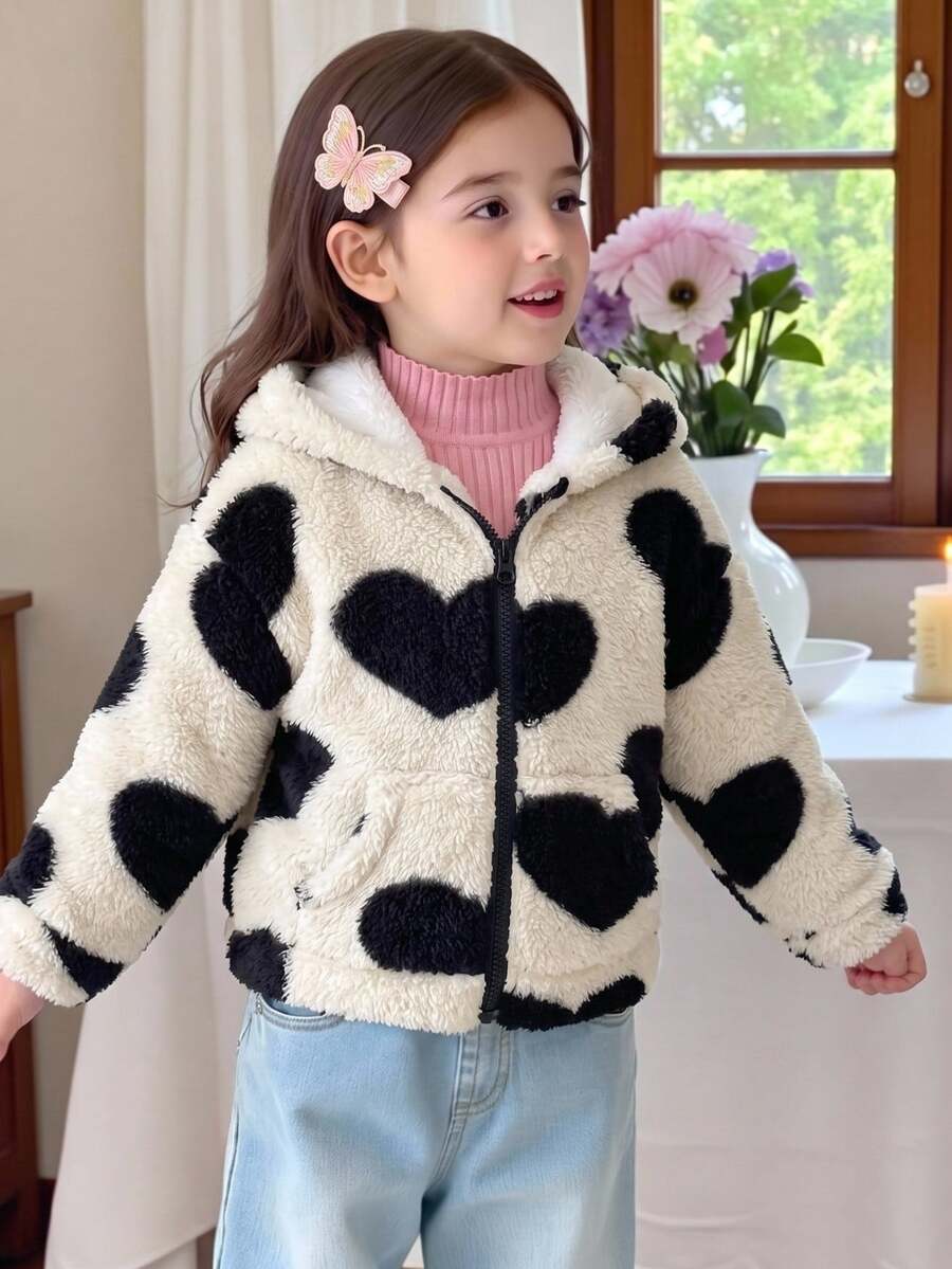 SHEIN Elladie kids 女童可爱黑色爱心时尚舒适连帽长袖外套，秋冬季爱心外套，女童爱心外套，爱心印花外套，爱心抓绒外套 - 杏色 - 查看 1