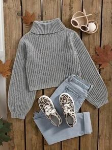 SHEIN Elladie kids Tween Girl Minimalist Turtleneck Long Sleeve Sweater, Casual For Daily Wear Autumn Fall - Grey - View 1
