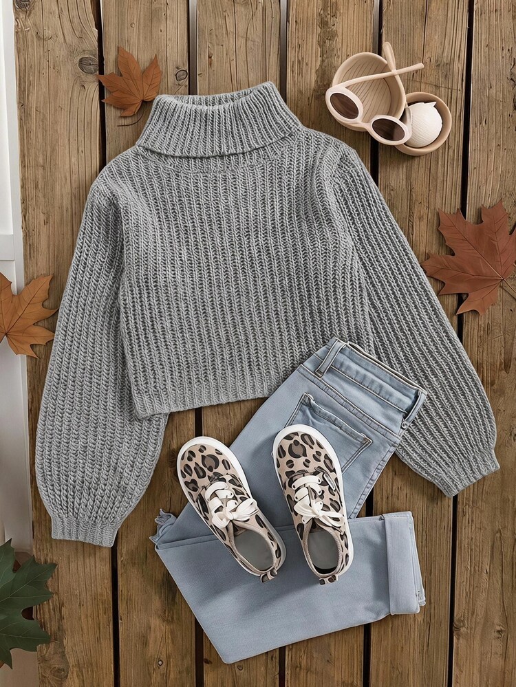 SHEIN Elladie kids Tween Girl Minimalist Turtleneck Long Sleeve Sweater, Casual For Daily Wear Autumn Fall - Grey - View 1