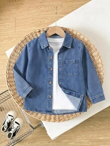Niño pequeño Casual Sólido Lavado Ajuste relajado Parte superior de mezclilla, Elegante para otoño/invierno - Azul lavado oscuro - Ver 1
