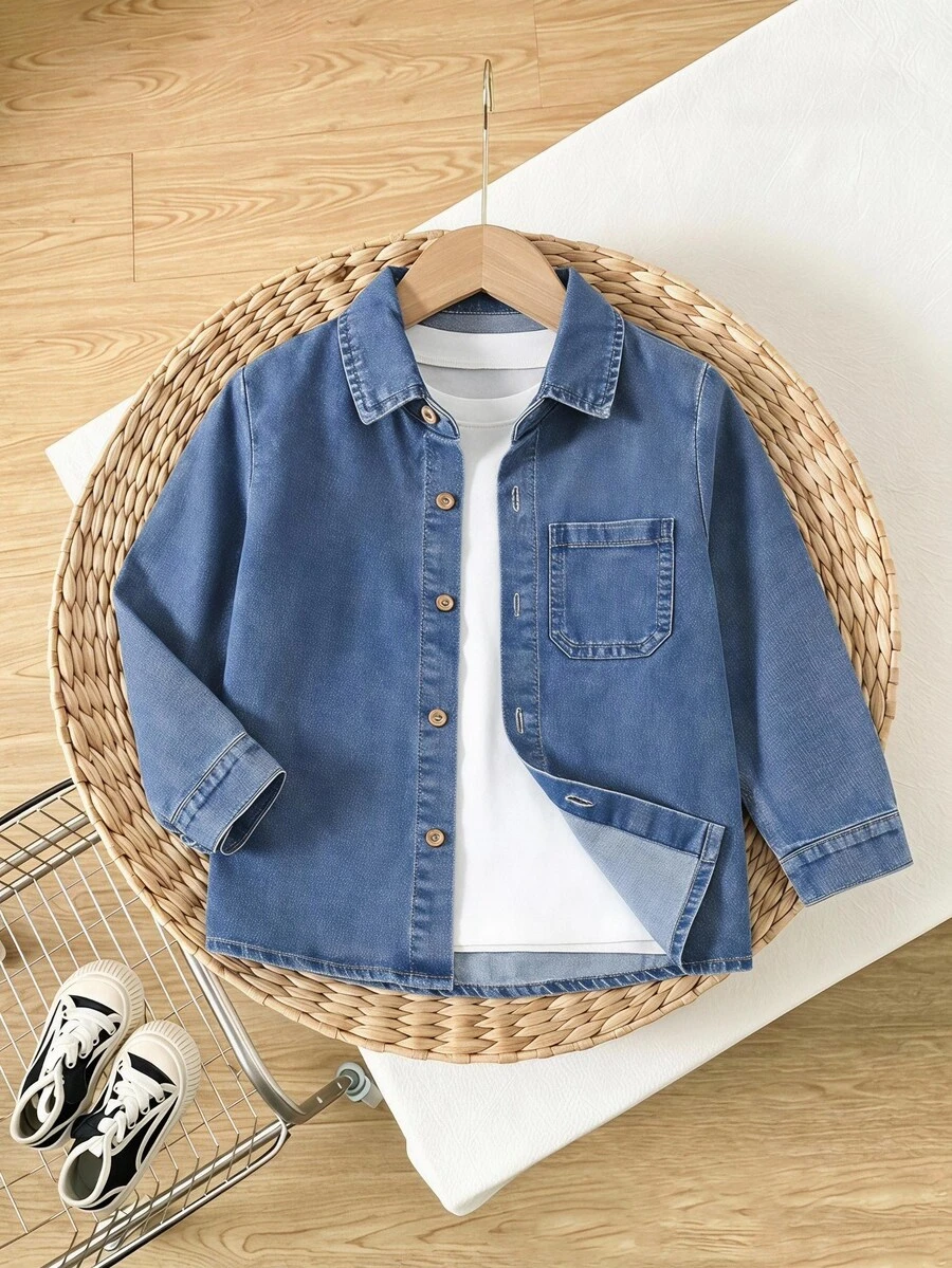 Niño pequeño Casual Sólido Lavado Ajuste relajado Parte superior de mezclilla, Elegante para otoño/invierno - Azul lavado oscuro - Ver 1