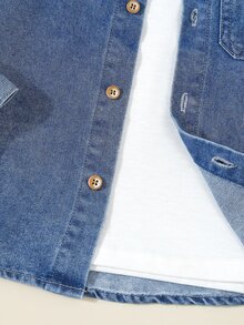Niño pequeño Casual Sólido Lavado Ajuste relajado Parte superior de mezclilla, Elegante para otoño/invierno - Azul lavado oscuro - Ver 7