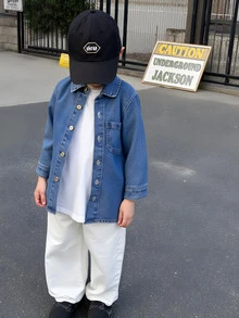 Niño pequeño Casual Sólido Lavado Ajuste relajado Parte superior de mezclilla, Elegante para otoño/invierno - Azul lavado oscuro - Ver 3