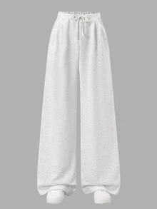 Pantalones rectos de pierna ancha con dobladillo de cordón casual - Gris Claro - Ver 4