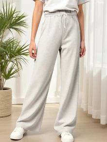 Pantalones rectos de pierna ancha con dobladillo de cordón casual - Gris Claro - Ver 8
