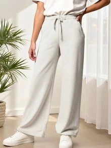 Drawstring Hem Wide Leg Straight Casual Cargo Cute Pants Summer Work White - Light Grey - View 5