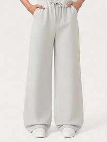 Pantalones rectos de pierna ancha con dobladillo de cordón casual - Gris Claro - Ver 1
