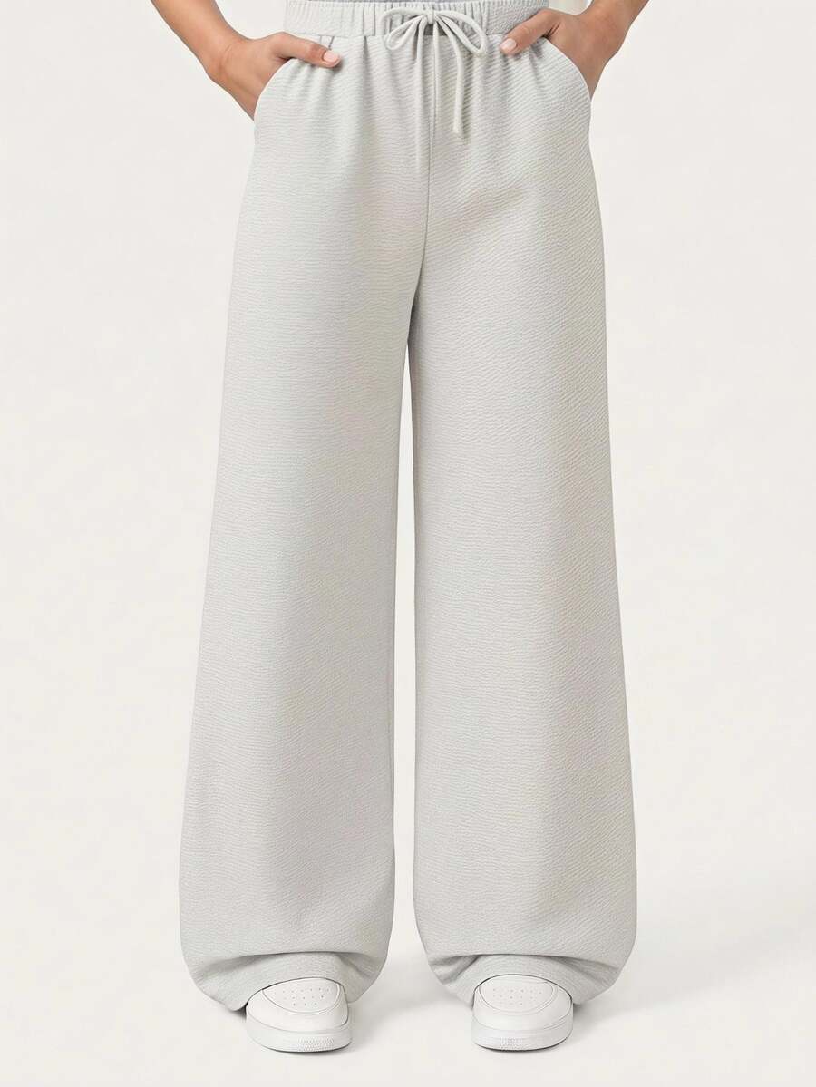 Pantalones rectos de pierna ancha con dobladillo de cordón casual - Gris Claro - Ver 1