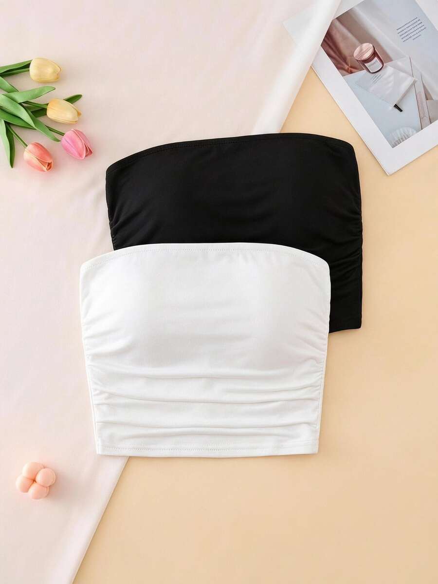 SHEIN 2pcs Tween Girl Solid Bandeau Tube Top, White, Basics, Club Versatile Strapless Cropped Tank Top, Black Body-Hugging Ruched Camisole Innerwear Winter - Multicolor - View 1