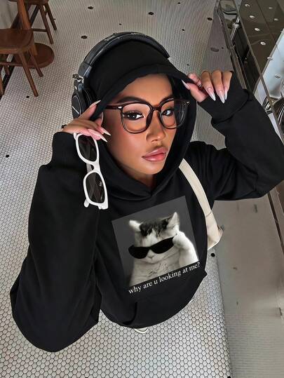 SHEIN Tween Girl 字母和小猫印花长袖连帽运动衫