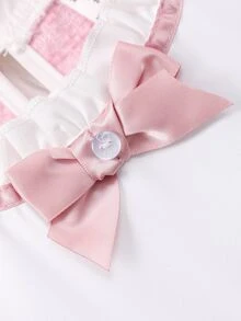 SHEIN Sparklyn Tween Girl 可爱粉色和白色拼色长袖荷叶边领口荷叶边蝴蝶结前网眼荷叶边连衣裙 - 粉色 - 查看 3