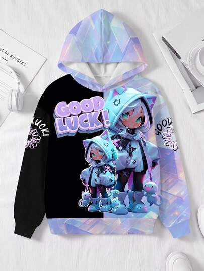 SHEIN Fashionable Lucky Gamer Tween Girls Cartoon Pattern Casual 80s 2000s Comfortable Sweatshirt For School Activities Outdoor Camping Autumn/Winter