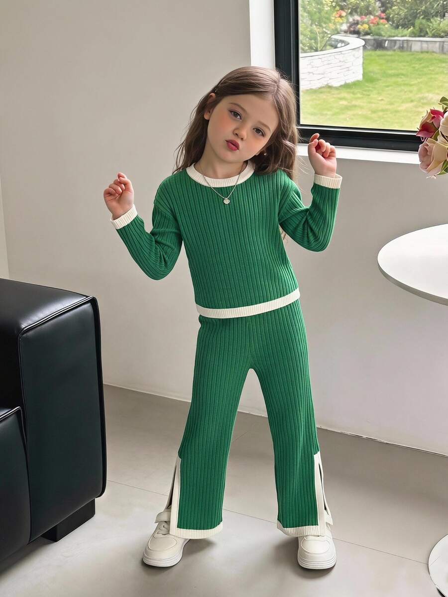 SHEIN 2pcs/Set Young Girl Red Patchwork Contrast Color Casual Top And Flared Leg Pants Set Ribbed Knit Outfit School Nursery Birthday 7th Birthday Fall - Multicolor - View 1