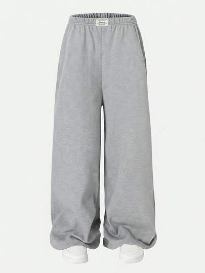 SHEIN ChillGRL 1pc Teen Girl Oversized Grey Washed Waistband Straight Leg Extra Long Trousers, Autumn/Winter Gym