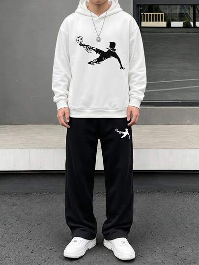 Vacaura Men's Youth Leisure Sportswear Set/ Patterned Hooded Pullover Sweatshirt, Ankle-Length Sweatpants, Everyday Sportswear Set