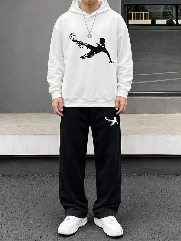 Vacaura Men's Youth Leisure Sportswear Set/ Patterned Hooded Pullover Sweatshirt, Ankle-Length Sweatpants, Everyday Sportswear Set
