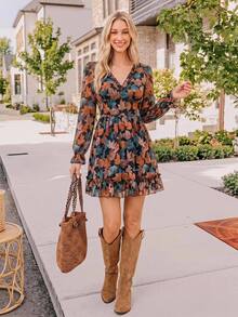 Coeurva V-Neck Long Sleeve Printed Mini Dress For Women, Vacation Style - Coffee - View 10