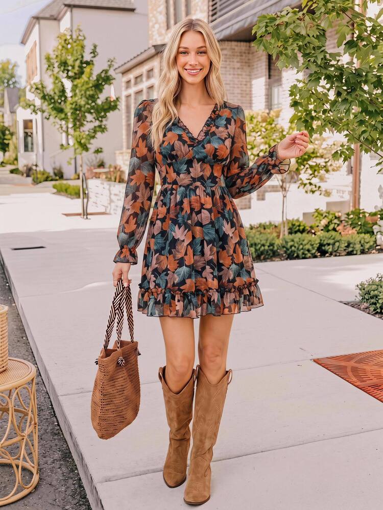 Coeurva V-Neck Long Sleeve Printed Mini Dress For Women, Vacation Style - Coffee - View 10