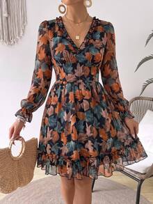 Coeurva V-Neck Long Sleeve Printed Mini Dress For Women, Vacation Style - Coffee - View 8