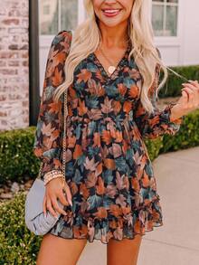 Coeurva V-Neck Long Sleeve Printed Mini Dress For Women, Vacation Style - Coffee - View 9