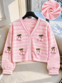 Tween Girls Jacket, Pink, Casual Fit, Warm For Autumn/Winter, Fashionable & Versatile, Autumn, Zipper, Autumn, Winter, Fleece, Solid Color, Hooded, Printed, Cute - Pink - View 4