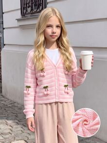Tween Girls Jacket, Pink, Casual Fit, Warm For Autumn/Winter, Fashionable & Versatile, Autumn, Zipper, Autumn, Winter, Fleece, Solid Color, Hooded, Printed, Cute - Pink - View 10