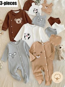 新生兒3件套長袖連身衣、帽子、圍兜，淺棕色棉質羅紋，舒適柔軟寬鬆極簡可愛刺繡熊圖案，居家穿著，四季適用，適合戶外 - 棕色 - 查看 1